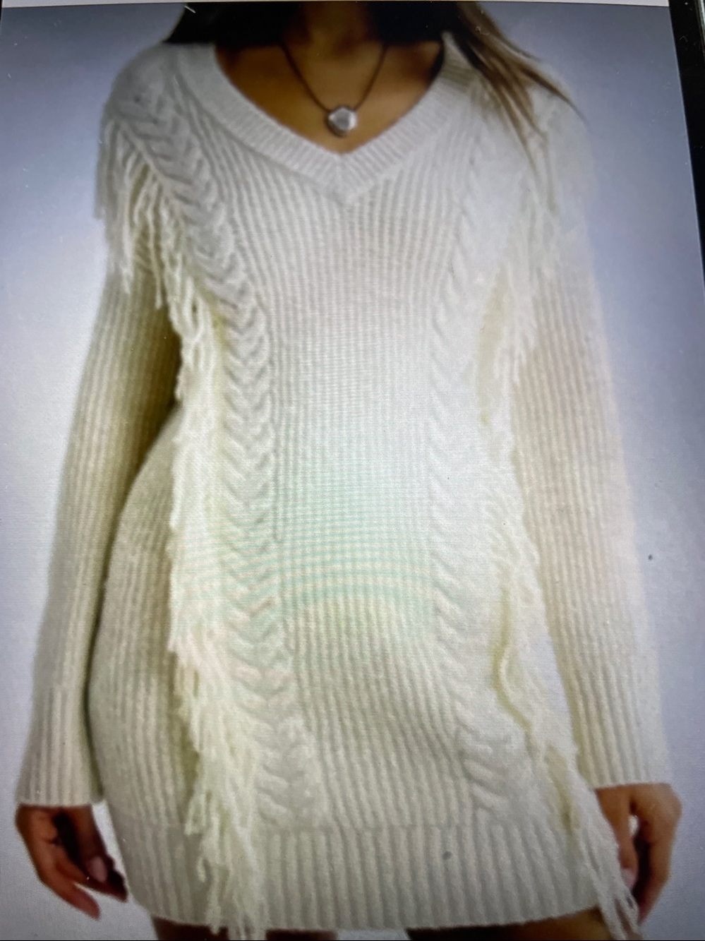 M.    Cream V-Neck Fringe Cable Knit Dress -NWT
